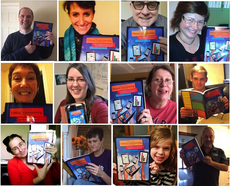 several people holding the virtual volunteering book and
          either smiling or reading it