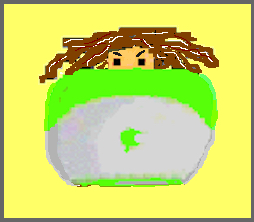 A cartoon of a
woman at a computer. You can see only her eyes and wild hair
from behind the screen where she is typing. The computer is an
old Apple clamshell iBook