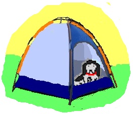 Buster the dog
        in a dome tent