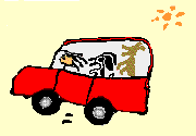 a drawing of a red truck and
        a woman and two dogs in it.