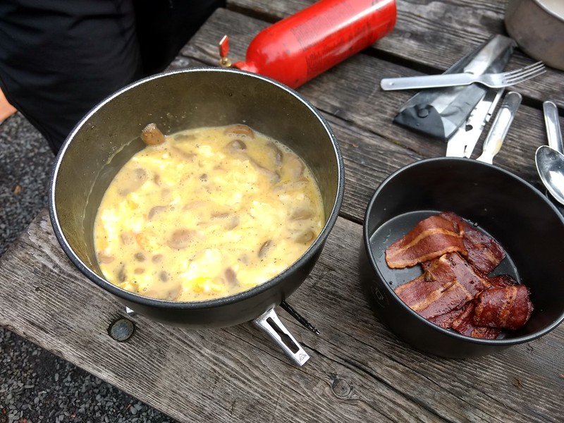 scrambled eggs in one
        cookpot and turkey bacon in another
