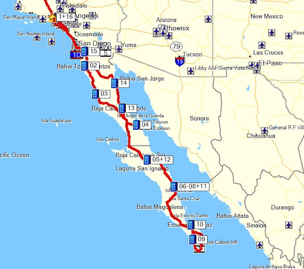 map of our route in Baja