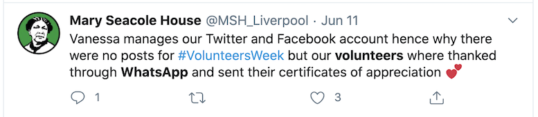 Tweet that is an
            example of using WhatsApp with or for volunteers