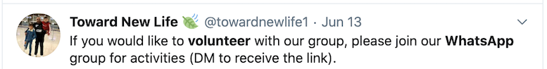 Tweet that is an example of using WhatsApp with or for volunteers
