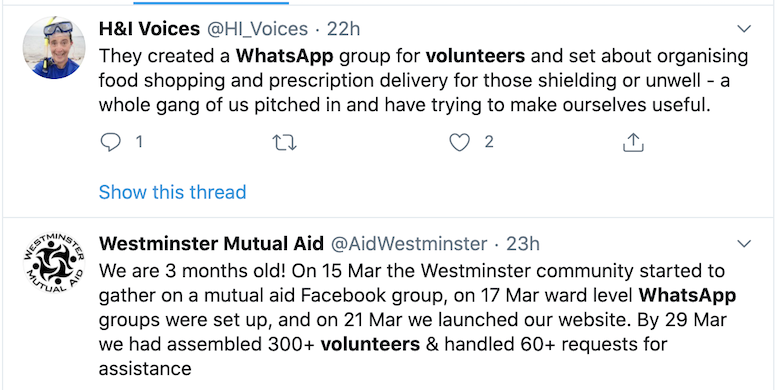 Tweet that is an example of using WhatsApp with or for volunteers