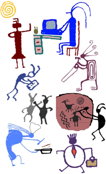 images
            meant to look like petroglyphs. Various people are engaged
            in various work that could be volunteering.