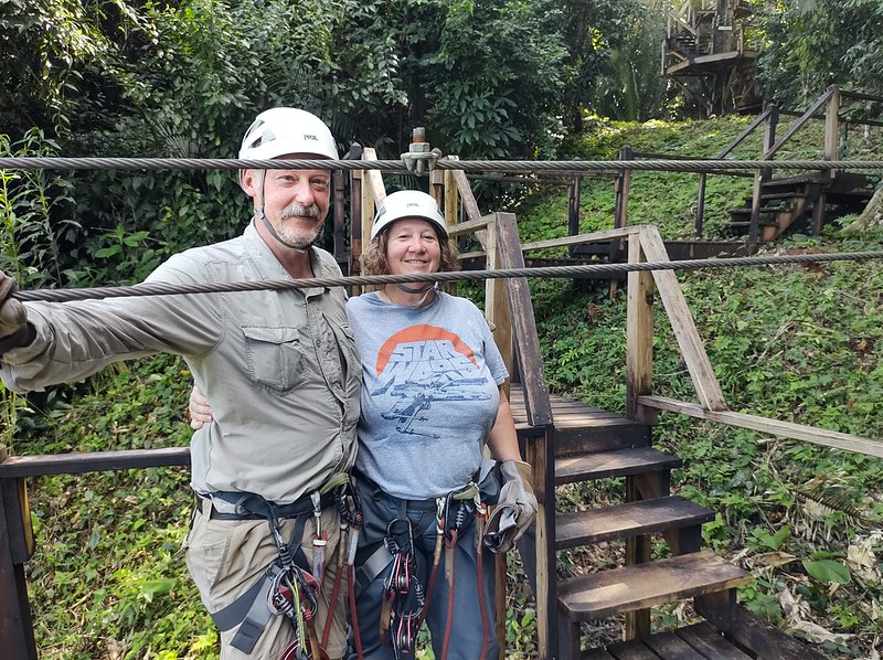 Jayne and Stefan all decked out
        for zip lining.